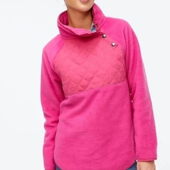 J. Crew quilted button neck Sherpa tunic jacket sweater hot pink 2021 - Picture 1 of 12